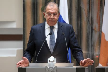 Russian Foreign Minister Sergei Lavrov speaks during a news conference at the Ministry of Foreign Affairs in Nicosia, Cyprus May 18, 2017. REUTERS/Yiannis Kourtoglou