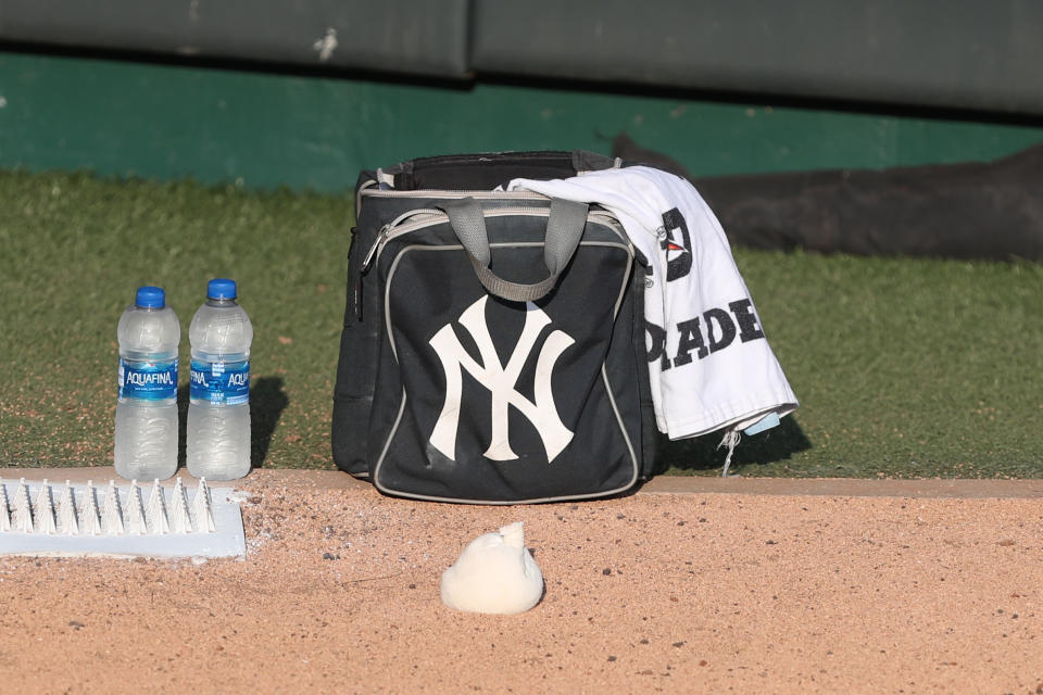 KANSAS CITY, MO - AUGUST 09: The New York Yankees logo on an equipment bag during a MLB game between the New York Yankees and Kansas City Royals on Aug 9, 2021 at Kauffman Stadium in Kansas City, MO. (Photo by Scott Winters/Icon Sportswire via Getty Images)