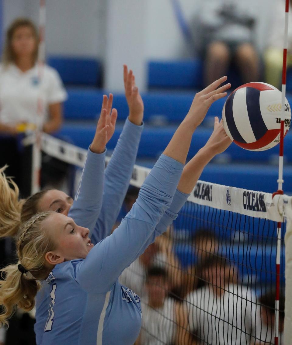 The Canterbury School girls volleyball team defeated Community School of Naples in a Class 3A-District 12 semifinal volleyball contest Tuesday October 17, 2023 in their home court. The Cougars lost only the first set and then won three sets in a row.