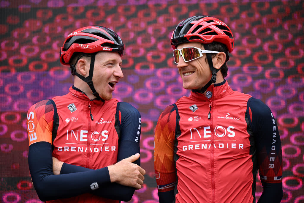  Ineos leaders Tao Geoghegan Hart and Geraint Thomas before stage 8 of the 2023 Giro d'Italia 