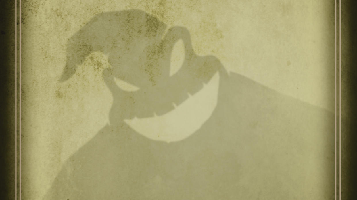  Disney Villainous: Filled With Fright artwork with Oogie Boogie in silhouette 