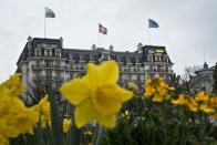 A morning view of the Beau Rivage Palace Hotel is seen during an extended round of Iran nuclear talks in Lausanne, April 2, 2015. REUTERS/Brendan Smialowski/Pool