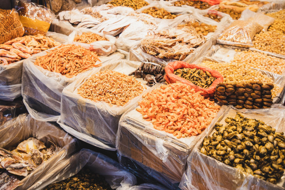 variety of dried seafood being sold at street market