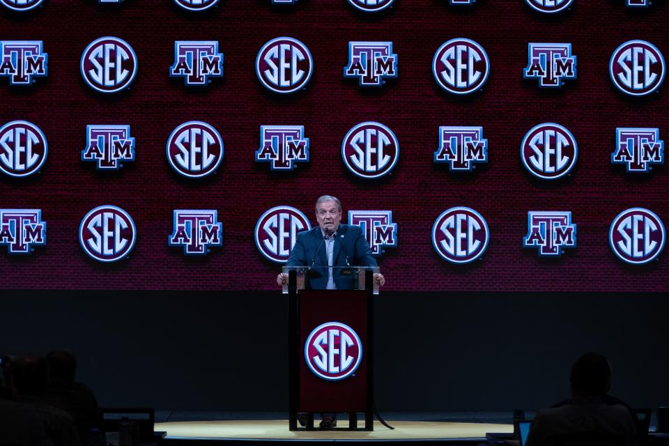 Texas A&M Head Coach Jimbo Fisher addresses the media at the 2023 SEC Football Kickoff Media Days at the Nashville Grand Hyatt on <a class="link " href="https://sports.yahoo.com/ncaaf/players/314554" data-i13n="sec:content-canvas;subsec:anchor_text;elm:context_link" data-ylk="slk:Broadway;sec:content-canvas;subsec:anchor_text;elm:context_link;itc:0">Broadway</a>, Monday, July 17, 2023.