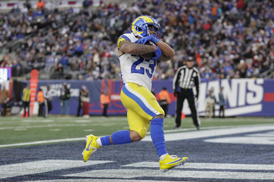 Los Angeles Rams running back Kyren Williams (23) runs in a touchdown during the second half an NFL football game against the New York Giants, Sunday, Dec. 31, 2023, in East Rutherford, N.J. (AP Photo/Adam Hunger)