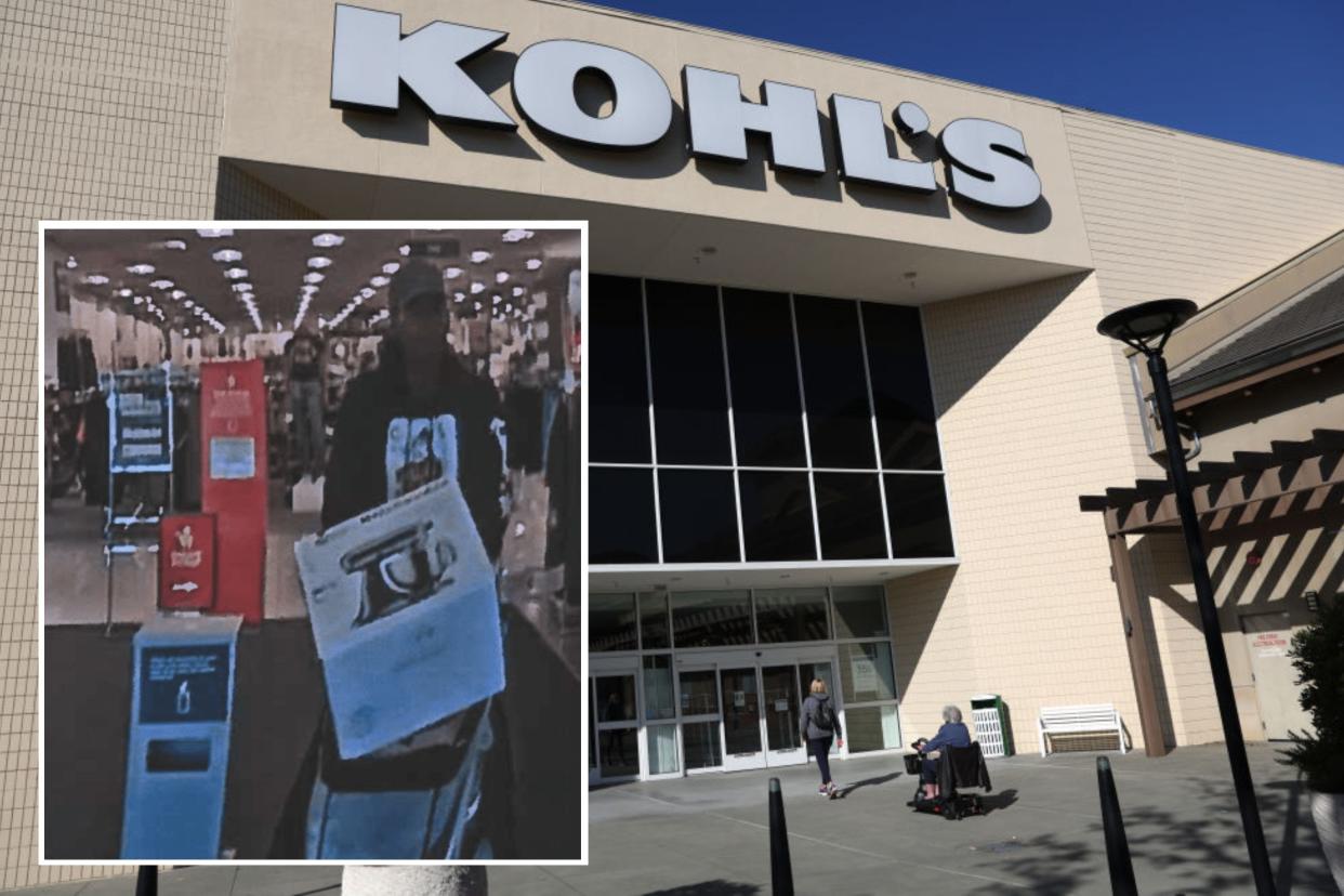 Byron Bolden walking out of a Kohl's store with stolen merchandise, inset, and an image of a Kohl's department store in San Rafael, California.