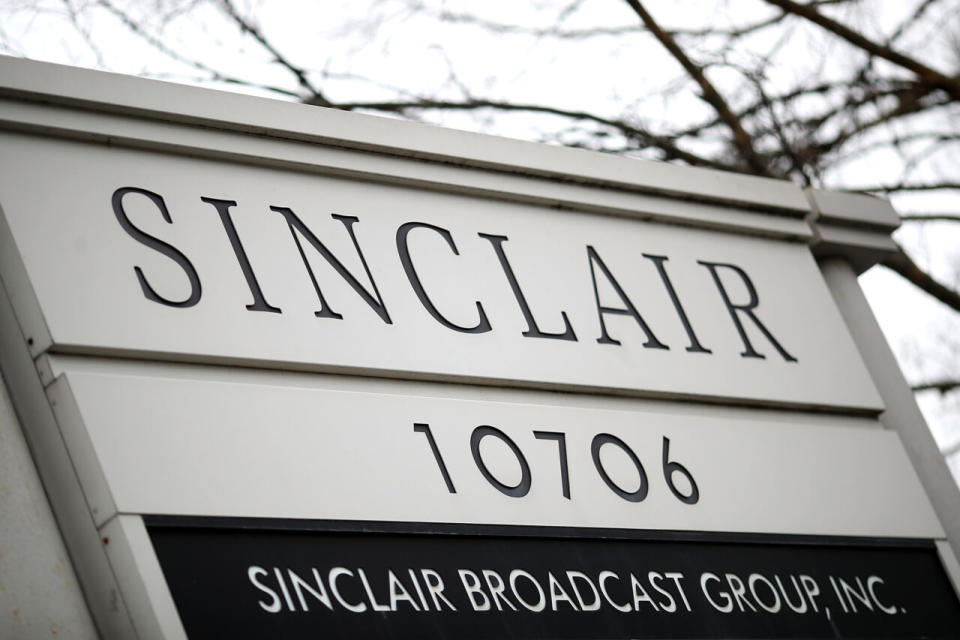 The headquarters of the Sinclair Broadcast Group is shown April 3, 2018 in Hunt Valley, Maryland. The company, the largest owner of local television stations in the United States, has drawn attention recently for repeating claims by U.S President Donald Trump that traditional television and print publications offer “fake” or biased news. (Photo by Win McNamee/Getty Images)