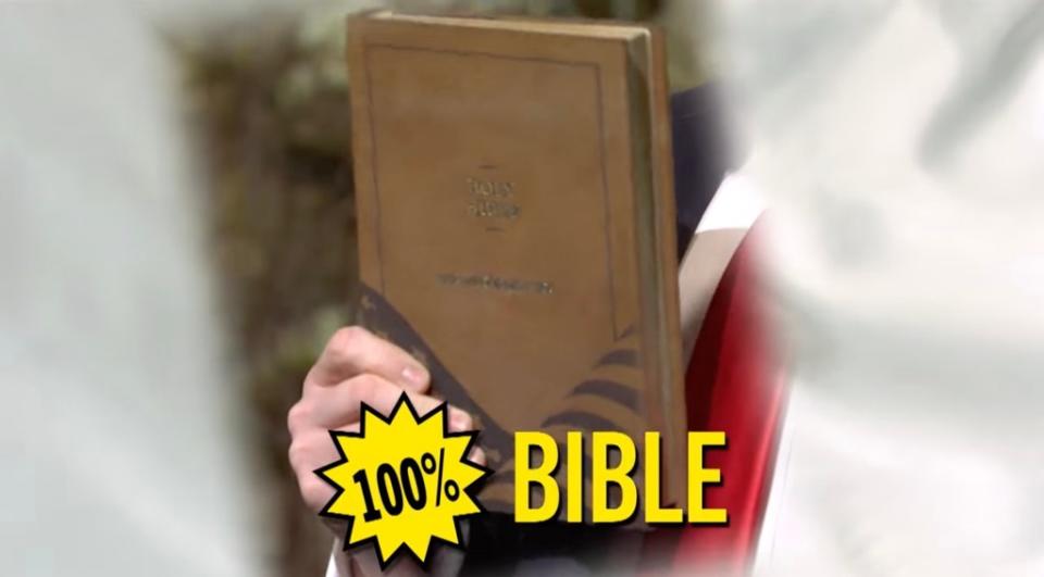 “Look at the Bible. Made from 100% Bible,” Johnson joked as Trump. YouTube/Saturday Night Live