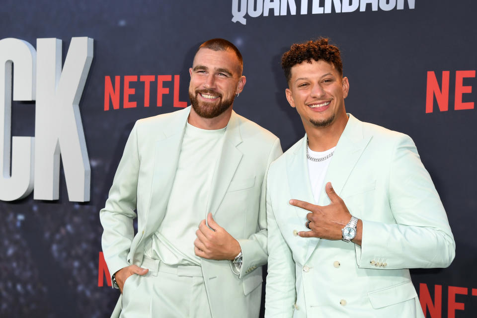 HOLLYWOOD, CALIFORNIA - JULY 11: Travis Kelce and Patrick Mahomes attend the Los Angeles Premiere Of Netflix's 