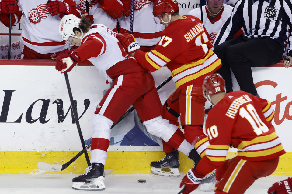 Detroit Red Wings' Moritz Seider, left, is knocked off the puck by Calgary Flames' Yegor Sharangovich during the first period of an NHL hockey game in Calgary, Alberta, Saturday, Feb. 17, 2024. (Larry MacDougal/The Canadian Press via AP)