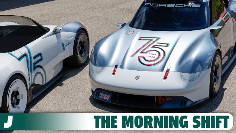 A pair of electric Porsche concept cars in a company press photo.