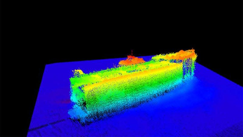 An image showing the wreck's discovery on sonar. 