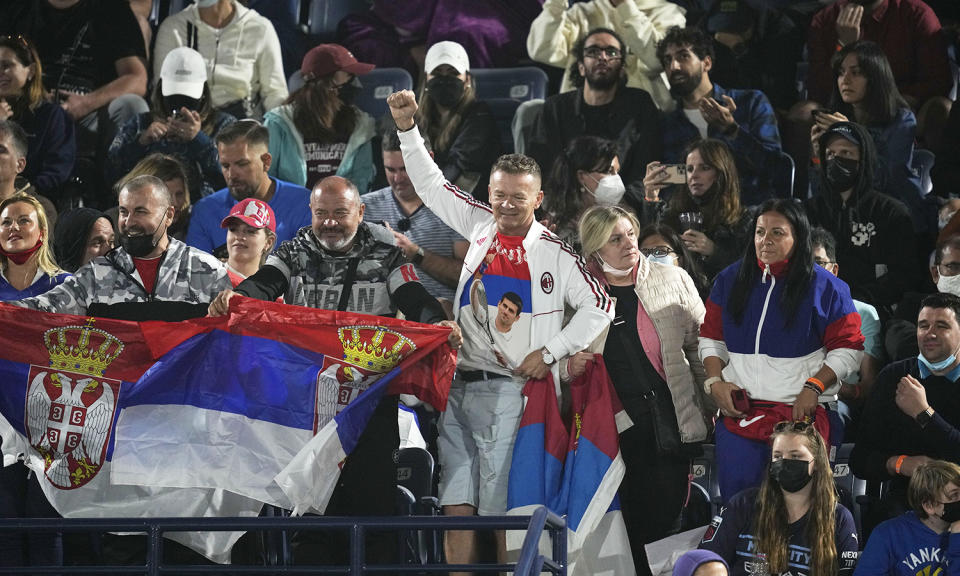 Novak Djokovic fans, pictured here cheering ahead of his first match at the Dubai Tennis Championship.