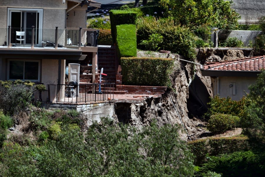 A partially destroyed patio caused by earth movement is seen in Southern California's Palos Verdes Peninsula's Rolling Hills Estates on July 10, 2023. (Richard Vogel/Associated Press)