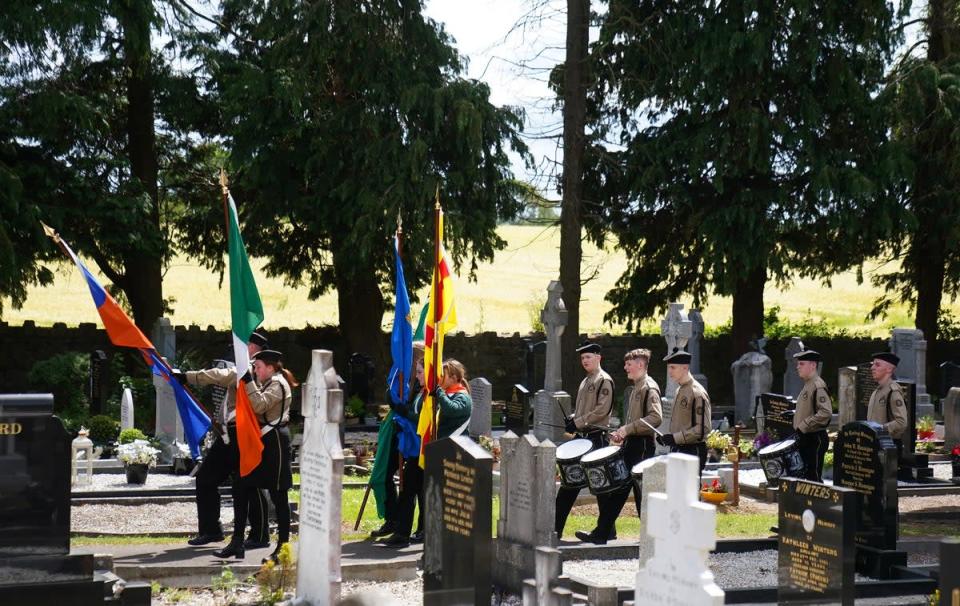 A band arrives in Bodenstown cemetery, Co Kildare, for the annual Sinn Fein Wolfe Tone commemoration (Brian Lawless/PA) (PA Wire)