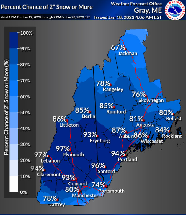 The National Weather Service in Gray, Maine, is projecting that towns and cities in the Seacoast, Strafford County and southern Maine will see 2-6 inches of snow Thursday and Friday, Jan. 19-20, 2023, beginning as a wintry mix.