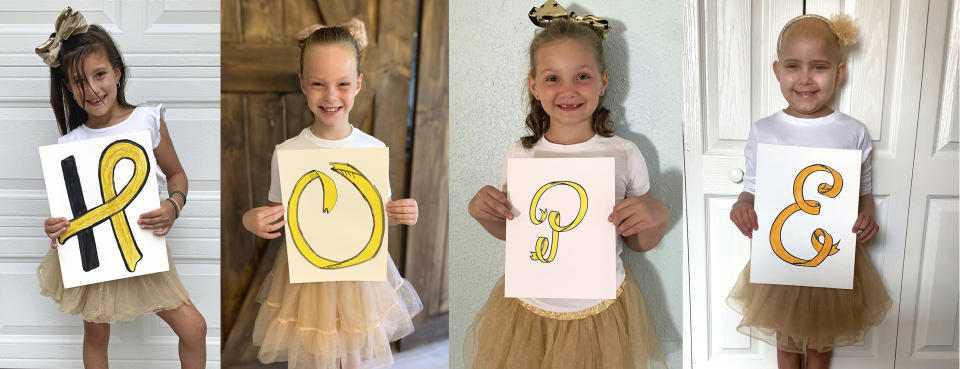 This photo combo provided by the Johns Hopkins All Children’s Hospital shows Chloe Grimes, McKinley Moore, Avalynn Luciano and Lauren Glynn spelling the word "Hope" with drawings of ribbon in gold, the color that symbolizes the fight against cancer in the young, in their respective homes in Florida, Sept. 19, 2020. When the coronavirus pandemic descended, the girls' moms realized an in-person reunion this year was out of the question and organized a virtual meetup. (Courtesy of John Hopkins All Children's Hospital via AP)