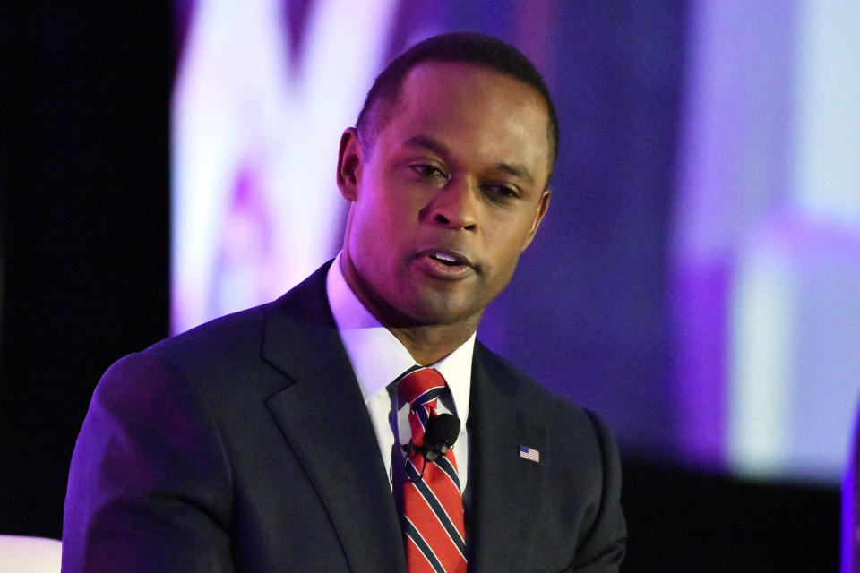 Kentucky Attorney General Daniel Cameron responds to a question from a moderator during the Gubernatorial Forum at the 2023 Kentucky Chamber of Commerce annual meeting dinner in Louisville, Ky., Wednesday, Sept. 20, 2023. (AP Photo/Timothy D. Easley)