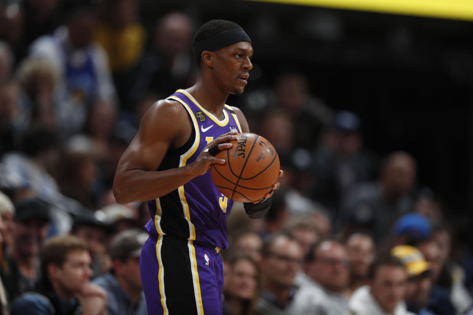 Los Angeles Lakers guard Rajon Rondo (9) in the second half overtime of an NBA basketball game Wednesday, Feb. 12, 2020, in Denver. The Lakers won 120-116 in overtime. (AP Photo/David Zalubowski)