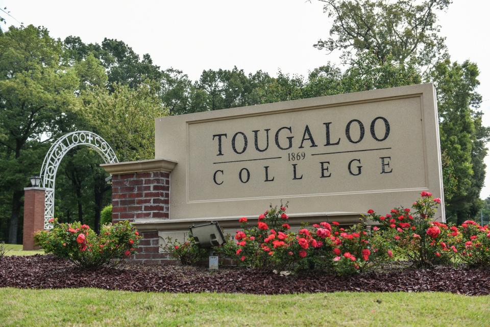 A sign welcoming drivers into Tougaloo College is seen in Jackson, Miss., Wednesday, April 26, 2023.The Tougaloo College Alumni Coalition for Change has posted an online petition requesting the removal of the school’s current President, Carmen J. Walters, due to “repeated failures by the administration” concerning low enrollment, uninhabitable living conditions, and questionable fiscal practices.