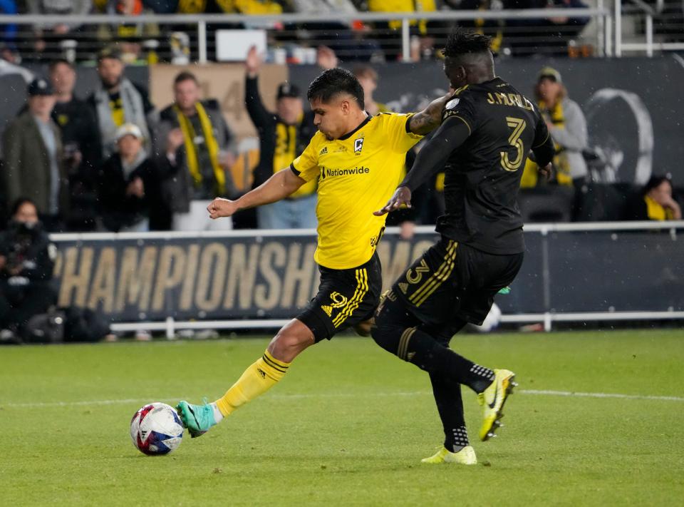 Dec 9, 2023; Columbus, OH, USA; Columbus Crew forward Cucho Hernandez (9) takes a shot on goal against Los Angeles FC defender Jesus Murillo (3) in the second half during 2023 MLS CUP at Lower.com Field. Mandatory Credit: Kyle Robertson-USA TODAY Sports