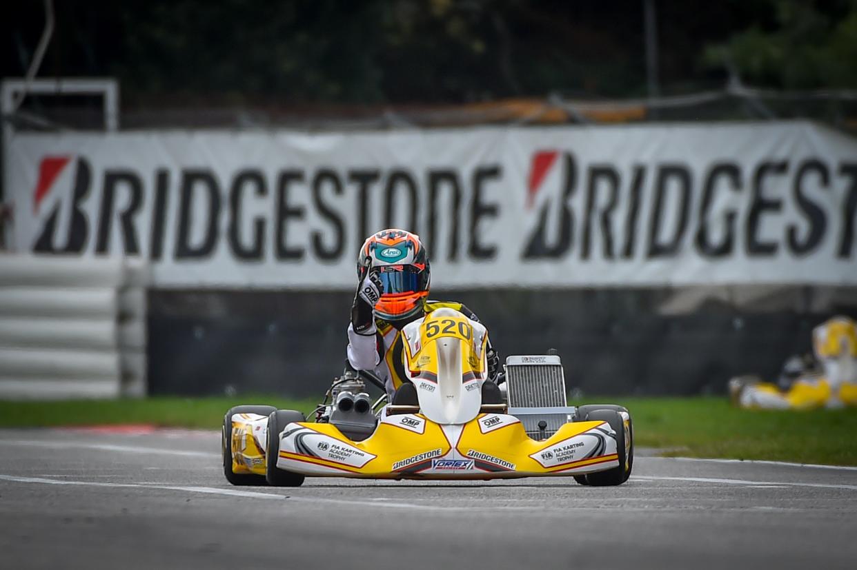 Christian Ho raises his finger after winning the third leg of the FIA Karting Academy Trophy series in Lonato, Italy. (PHOTO: Christian Ho)