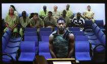 NFL free agent Antonio Brown appears at the Broward County Courthouse in Fort Lauderdale, Fla., via video link Friday, Jan. 24, 2020. Brown was granted bail on Friday after turning himself in at a Florida jail on charges that he and his trainer attacked the driver of a moving truck that carried some of his possessions from California. (Amy Beth Bennett/South Florida Sun Sentinel via AP, Pool)