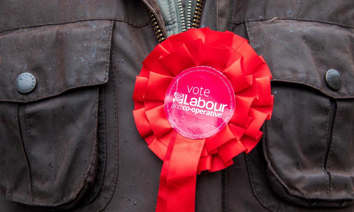 <span>A Labour party rosette during campaigning for the local elections. </span><span>Photograph: Gary Calton/The Observer</span>