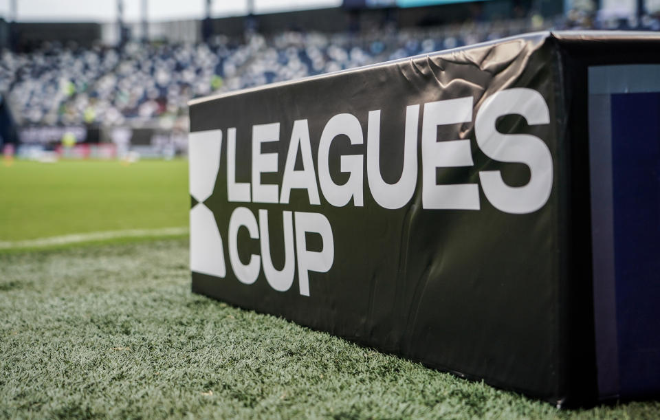 Aug 10, 2021;  Kansas City, Kansas, USA;  A general view of the Leagues Cup logo on the field before a match between Sporting Kansas City and Club Leon at Children's Mercy Park.  Mandatory Credit: Denny Medley-USA TODAY Sports