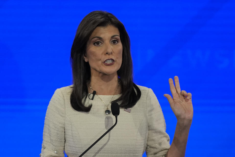 Republican presidential candidate former U.N. Ambassador Nikki Haley speaks during a Republican presidential primary debate hosted by NewsNation on Wednesday, Dec. 6, 2023, at the Moody Music Hall at the University of Alabama in Tuscaloosa, Ala. (AP Photo/Gerald Herbert)