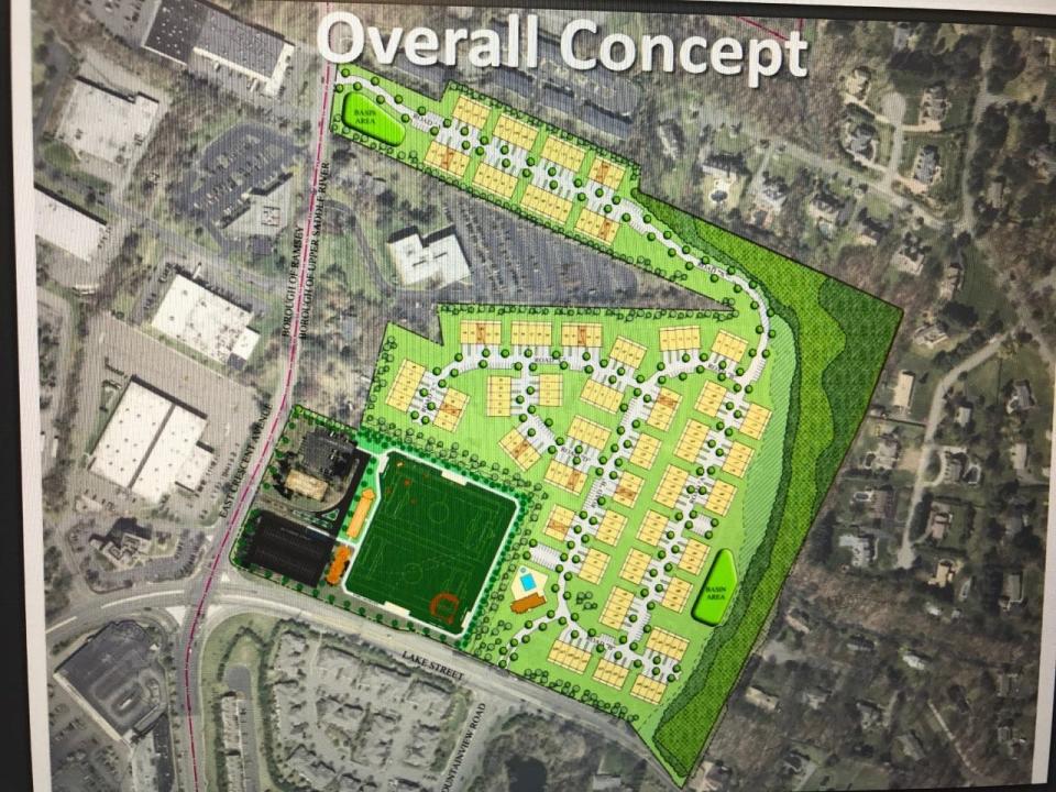 The Upper Saddle River sports field, lower left, is part of the 48-acre former Pearson Education campus, were 208 multi-family units are now under construction.