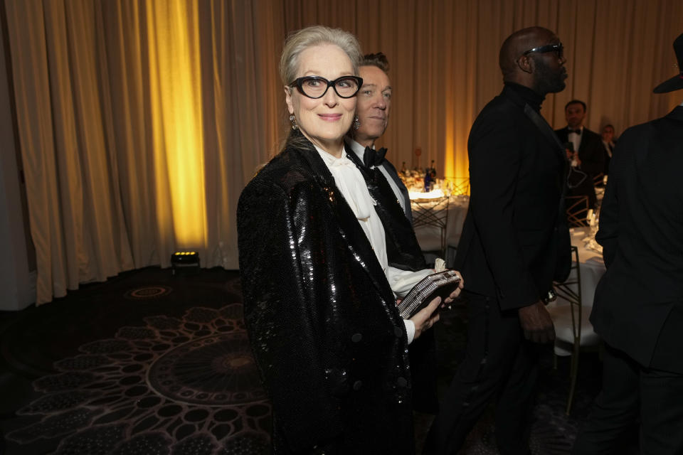 Meryl Streep arrives at the 81st Golden Globe Awards on Sunday, Jan. 7, 2024, at the Beverly Hilton in Beverly Hills, Calif. (AP Photo/Chris Pizzello)