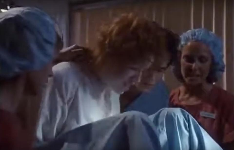 Molly Ringwald as Darcy giving birth in "For Keeps"