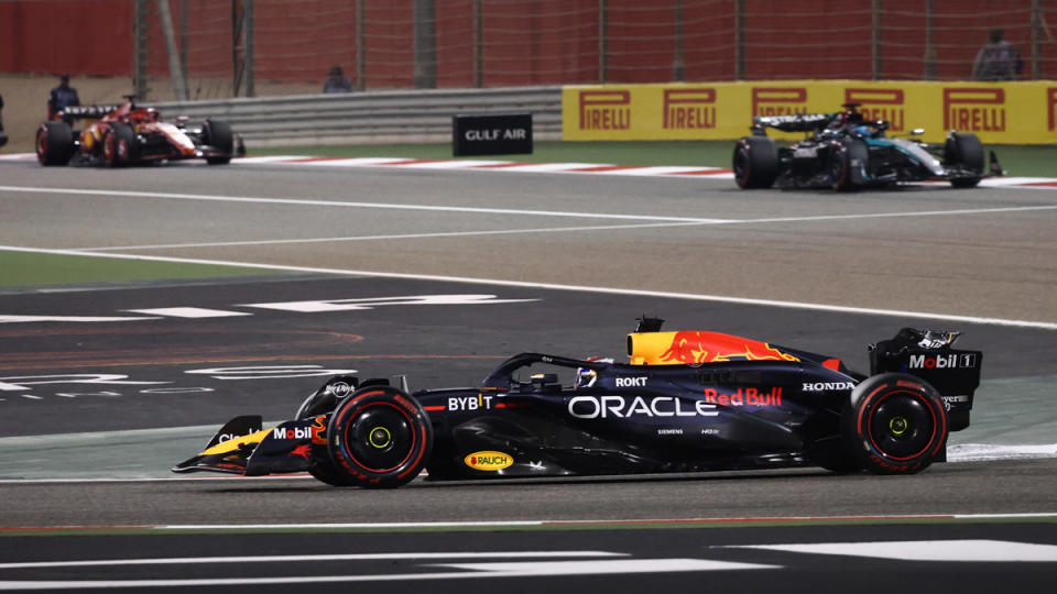 Racer Max Verstappen in the lead during Formula 1's 2024 Bahrain Grand Prix.