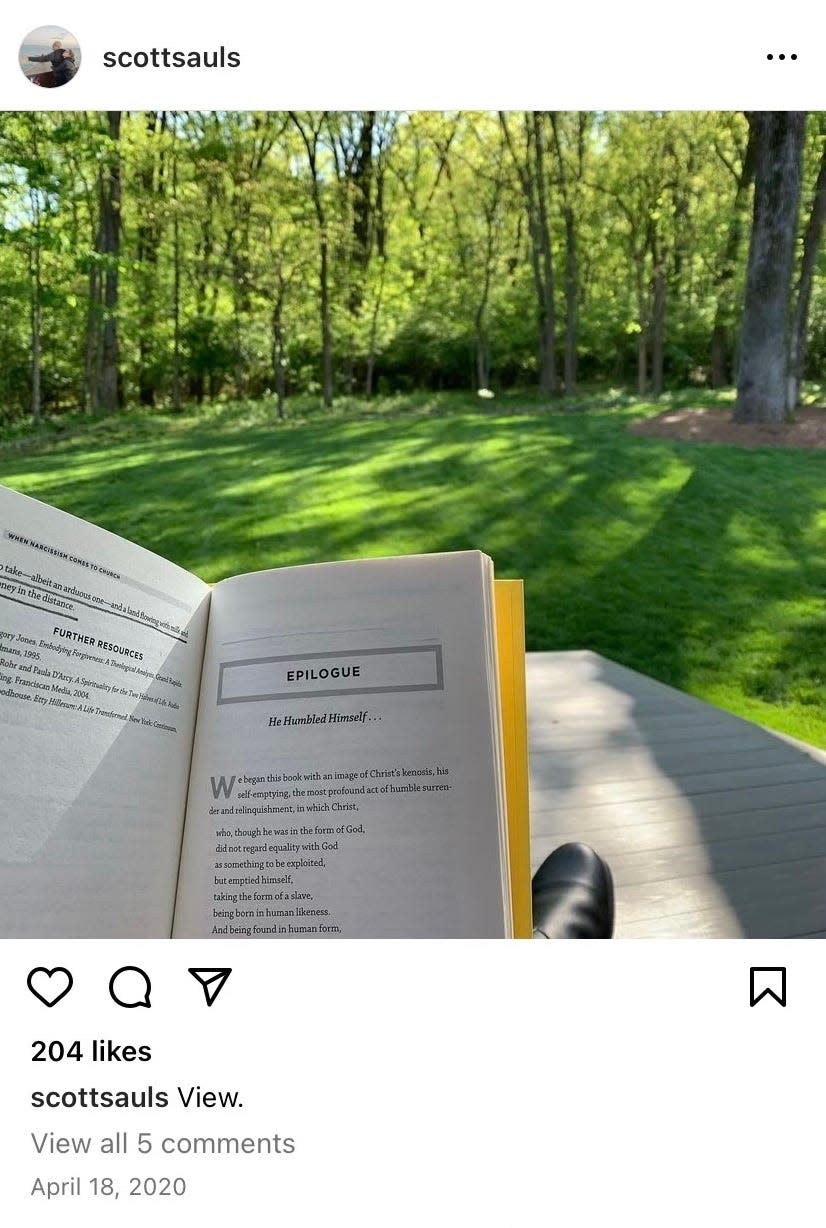 An Instagram photo posted by Rev. Scott Sauls showing him reading Chuck DeGroat's book, "When Narcissism Comes to Church."