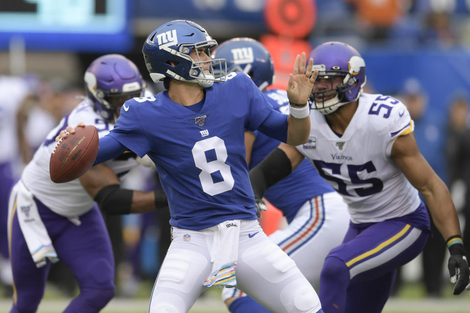 New York Giants quarterback Daniel Jones (8) passes against the Minnesota Vikings during the first quarter of an NFL football game, Sunday, Oct. 6, 2019, in East Rutherford, N.J. (AP Photo/Bill Kostroun)