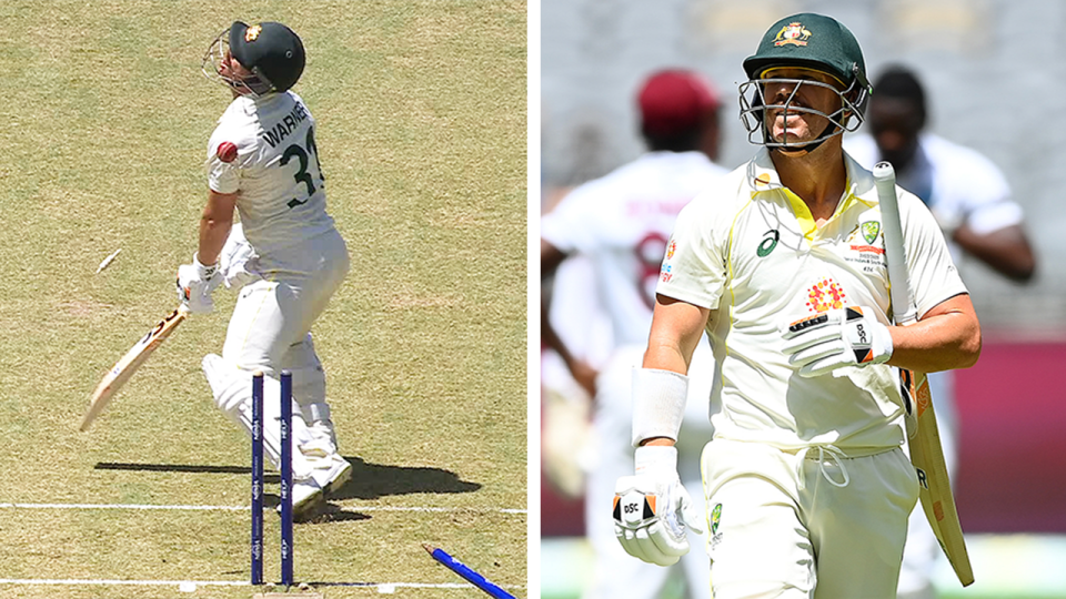 David Warner (pictured right) didn't get off to the best start to the Test series after Jayden Seales bowled the veteran for just five runs. (Images: Fox Cricket/Getty Images)