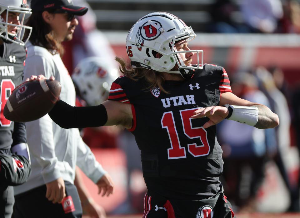 Utah Utes quarterback Luke Bottari (15) warms up in Salt Lake City on Saturday, Nov. 25, 2023. | Jeffrey D. Allred, Deseret News