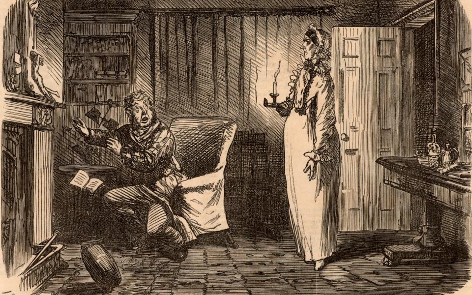 Cartoon by John Leech, a friend of Collins, from Punch, 1861: a man reading The Woman in White is startled by the appearance of his wife in her nightgown