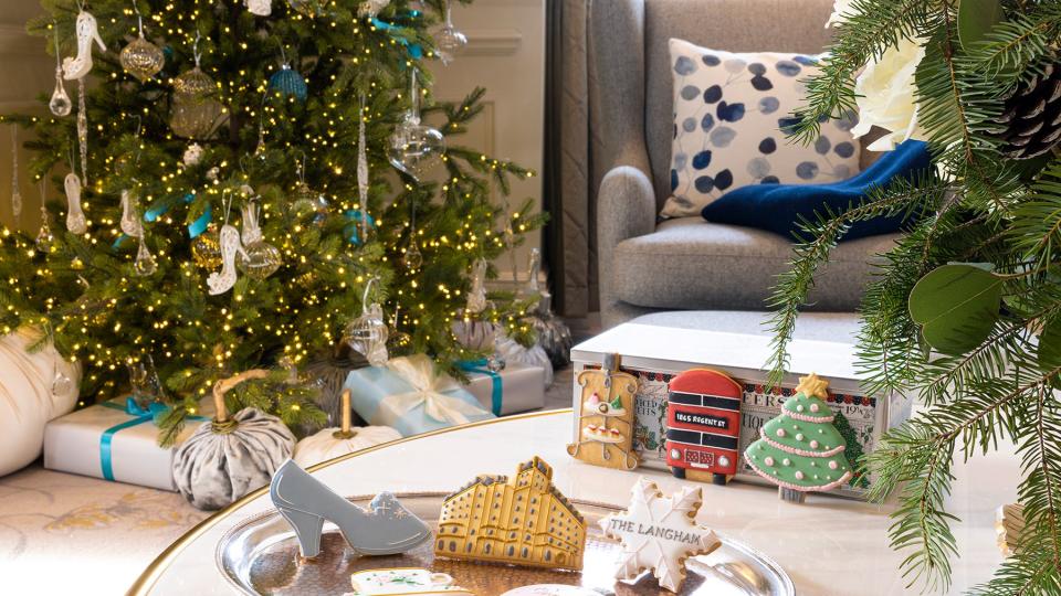 Christmas cookies and tree set up in a suite at The Langham