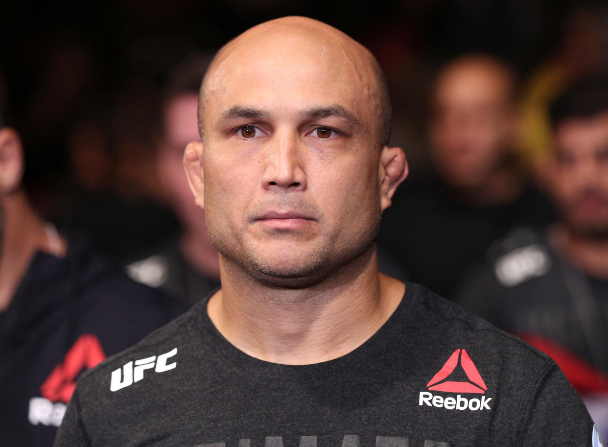 RIO DE JANEIRO, BRAZIL - MAY 11:  BJ Penn prepares to fight Clay Guida in their  lightweight bout during the UFC 237 event at Jeunesse Arena on May 11, 2019 in Rio De Janeiro, Brazil. (Photo by Buda Mendes/Zuffa LLC/Zuffa LLC via Getty Images)