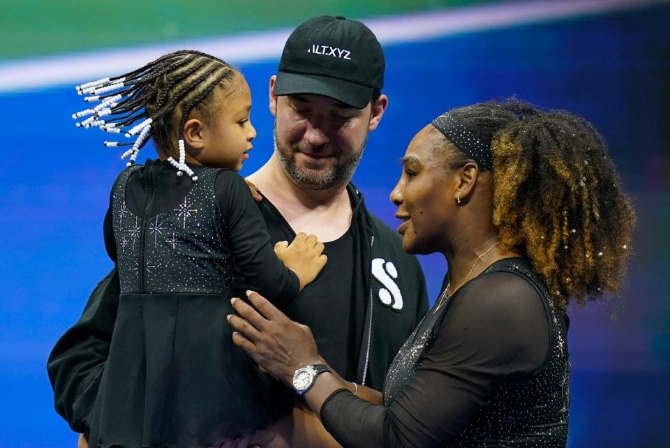 Serena Williams talks with her daughter Olympia and husband Alexis Ohanian (Charles Krupa/AP) (AP)