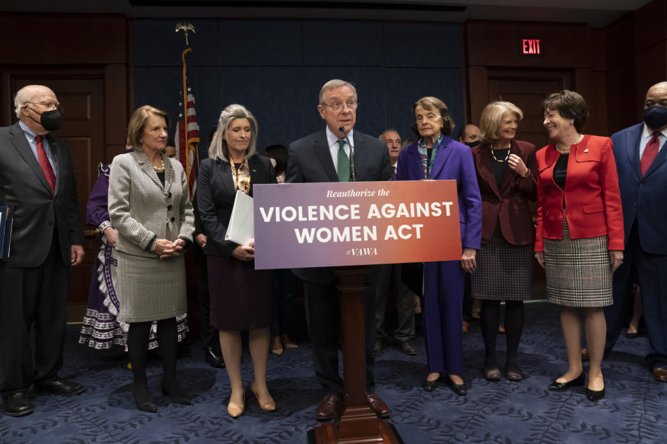 Senate Judiciary Chairman Dick Durbin, D-Ill., center, holds a news conference to announce a bipartisan update to the Violence Against Women Act, at the Capitol in Washington, Wednesday, Feb. 9, 2022. He is joined by, from left, Sen. Patrick Leahy, D-Vt., Sen. Shelley Moore Capito, R-W.Va., Sen. Joni Ernst, R-Iowa, Sen. Dianne Feinstein, D-Calif., Sen. Lisa Murkowski, R-Alaska, and Sen. Susan Collins, R-Maine. (AP Photo/J. Scott Applewhite)