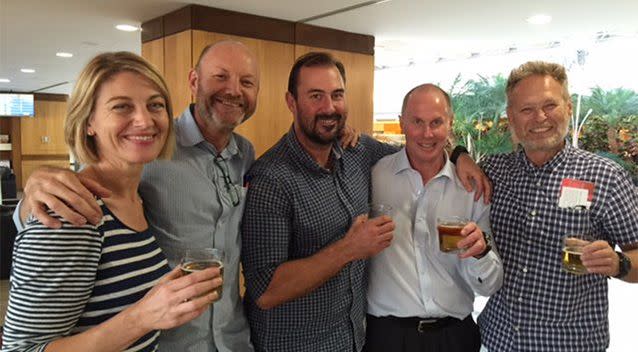 60 Minutes journalist Tara Brown, producer Stephen Rice, cameraman Ben Williamson, Channel Nine journalist Darren Wick (second right) and sound recordist David Ballment enjoying a drink after their release from prison in Beirut. Photo: Supplied