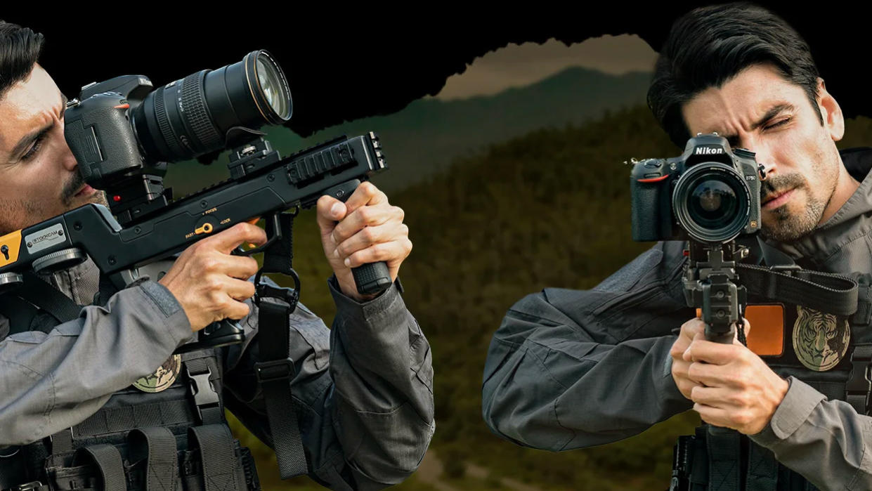  Man dressed as soldier using Stockcam gun-shaped camera cage 