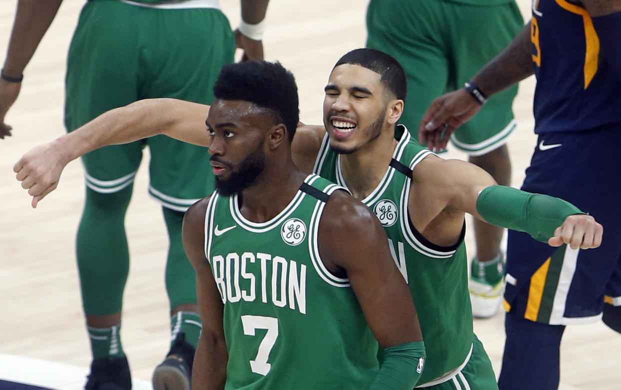 Jaylen Brown and the Celtics dug out another unlikely win Wednesday when his last-second three sunk the desperate Jazz in Utah. (AP)