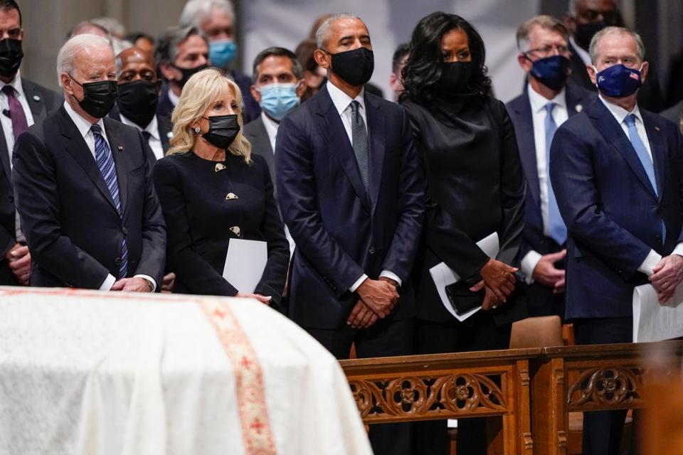 Three presidents — Joe Biden, Barack Obama, and George W Bush — at the funeral of former Secretary of State Colin Powell (AP)