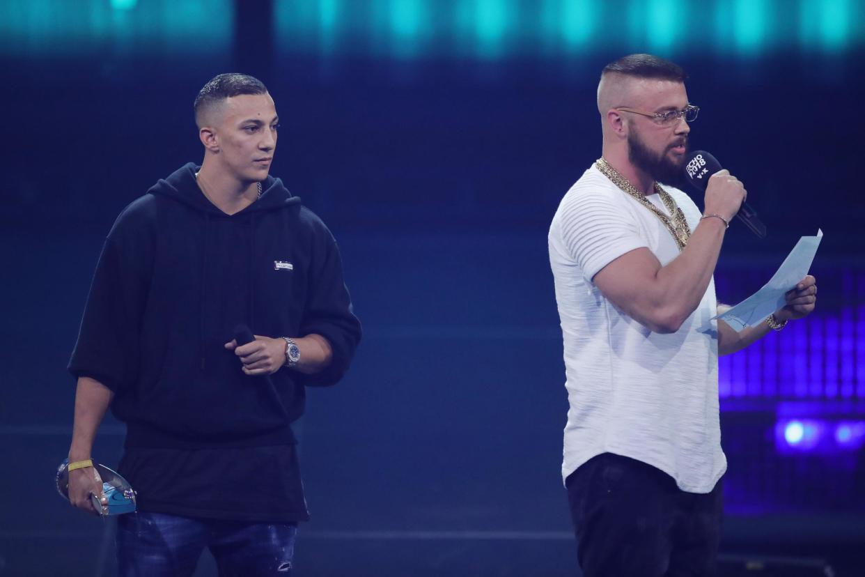 ‘Hip-Hop/Urban – National’ award winners Farid Bang and Kollegah on stage during the Echo Award show at Messe Berlin on 12 April: Getty