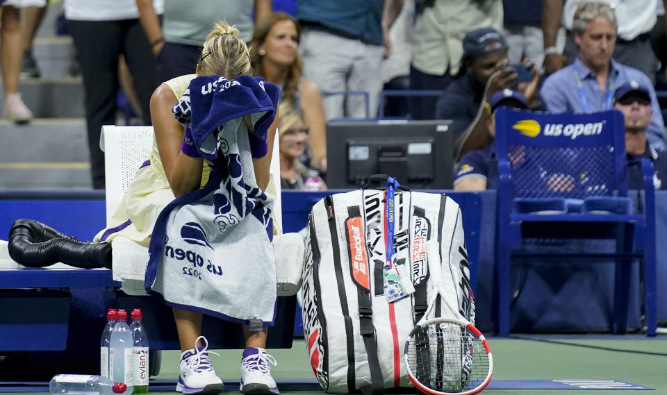 Anett Kontaveit, of Estonia, reacts after losing to Serena Williams, of the United States, during the second round of the U.S. Open tennis championships, Wednesday, Aug. 31, 2022, in New York. (AP Photo/Seth Wenig)
