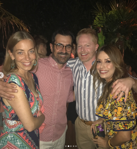 <p><em>Modern Family </em>stars Jesse Tyler Ferguson and Ty Burrell also got in on the tropical fun. Burrell, in vacation mode, rocked a beard for the bash, while Ferguson sported a gray-and-white striped shirt. “And then the party stared [sic]!” Vergara declared. (Photo: Sofia Vergara via Instagram) </p>